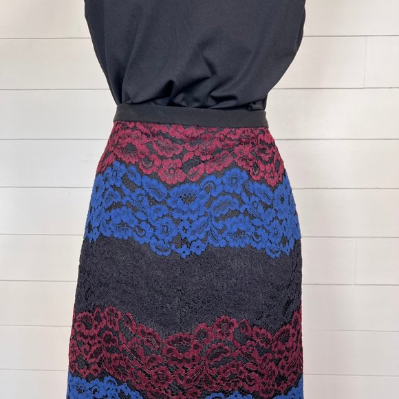 Karl Lagerfeld Blue, Black & Maroon Lace Midi Pencil Skirt Size 8 - Picture 7 of 9